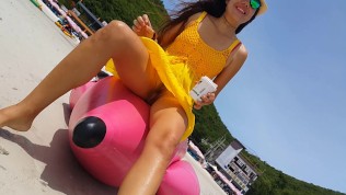 UP Yellow DRESS r NO PANTIES on Public Tropical Beach